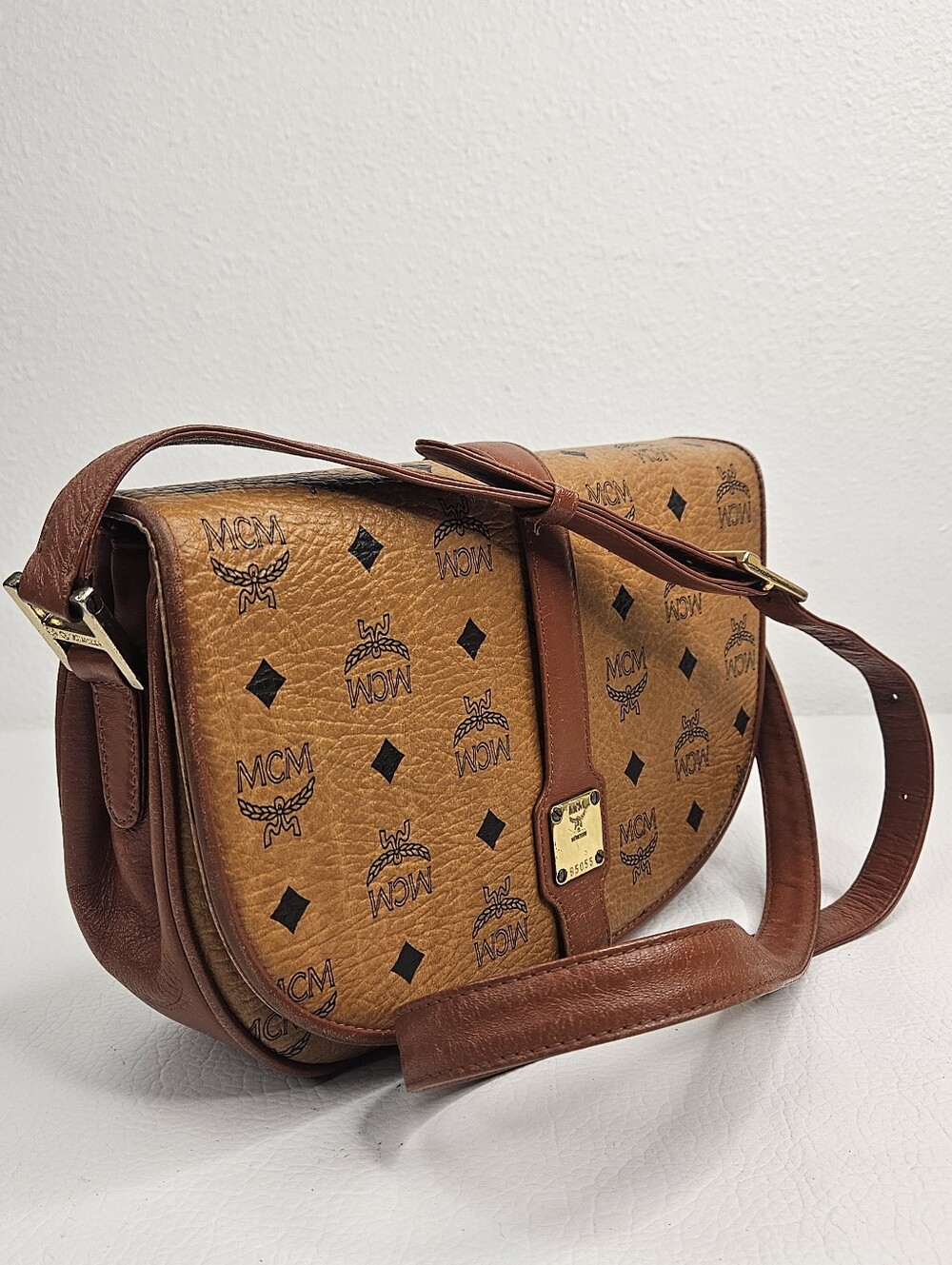 Authentic MCM Visetos Half Moon Saddle Shoulder/Crossbody Bag Cognac Handmade